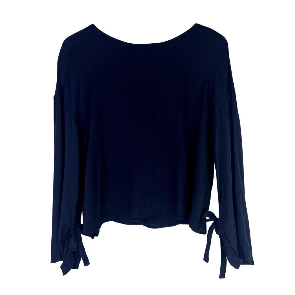 FRAME Denim Navy Long Sleeve Blouse Cinch Tie Cuff Tie Neck Viscose MEDIUM